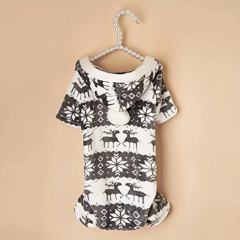 1pc Pet Christmas Reindeer Graphic Pajamas Hooded Jumpsuit For Puppy, Toy And Small Dog