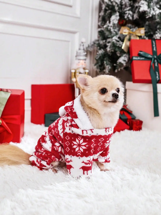 1pc Pet Christmas Reindeer Graphic Pajamas Hooded Jumpsuit For Puppy, Toy And Small Dog